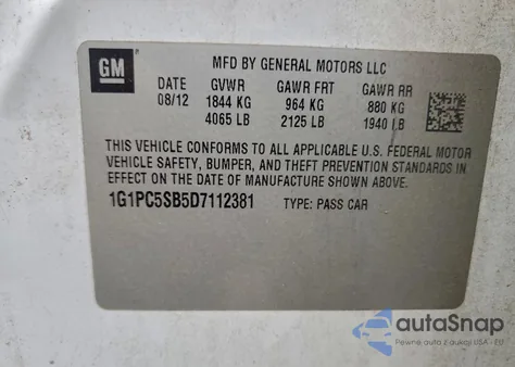 2013 Chevrolet Cruze Lt z USA, uszkodzony, nr VIN 1G1PC5SB5D7112381